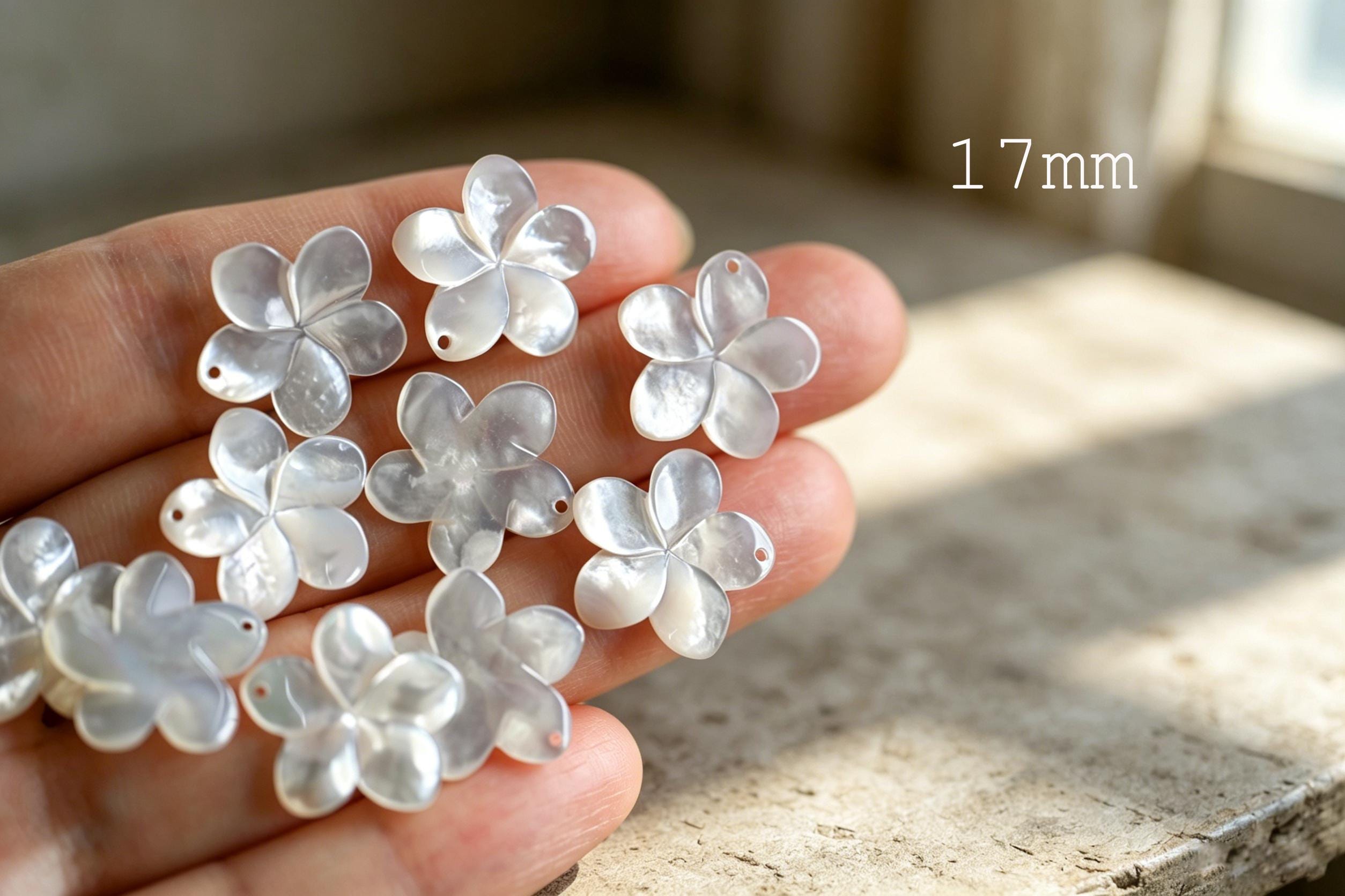 10pcs White Mother of Pearl Flowers 14/ 17/ 24mm, Top Side Drilled, Shell Plumeria Flowers for Earrings -(BK-016)